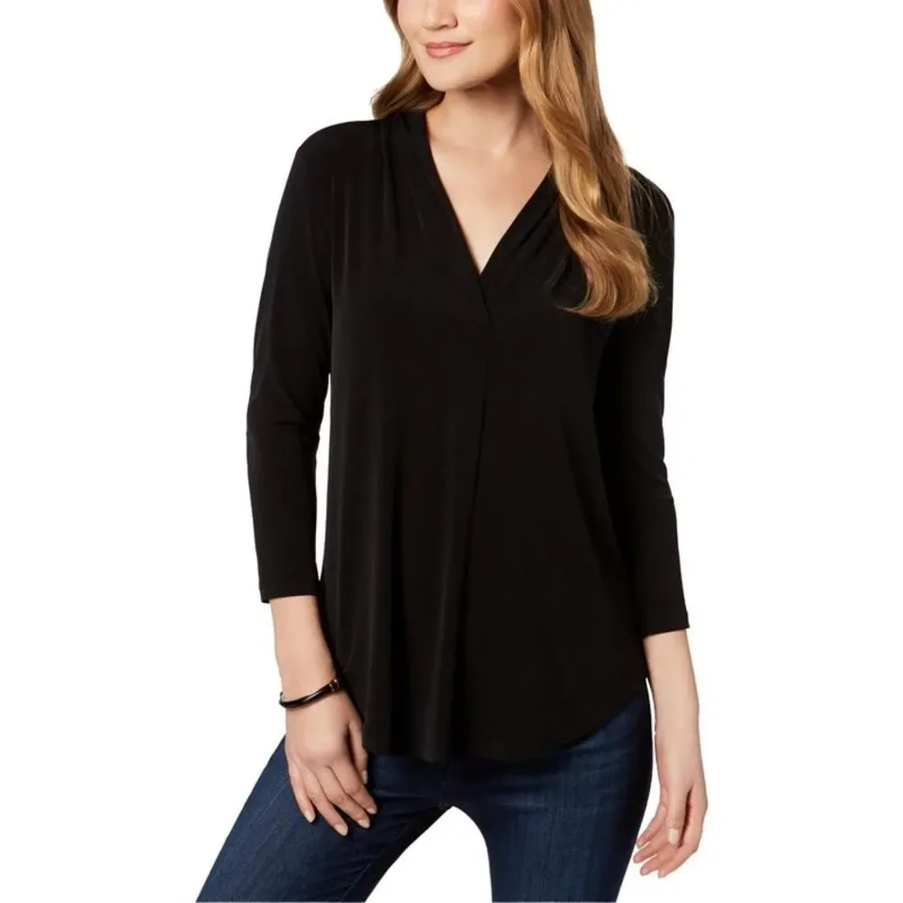 Charter Club Womens Black V-Neck Three-Quarter Sleeve Blouse Top Petites NWT